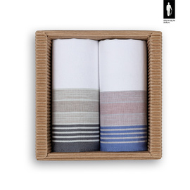 Bawełniane chusteczki męskie w oliwkowo-czarne oraz błękitno-czerwone paski – zestaw 2 sztuk