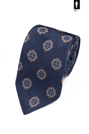 Jedwabny krawat granatowy w jasnobrązowo-biały wzór