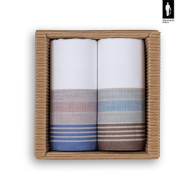 Bawełniane chusteczki męskie w błękitno-czerwone oraz oliwkowo-brązowe paski – zestaw 2 sztuk