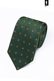 Jedwabny krawat zielony z pomarańczowo-błękitnym mikrowzorem