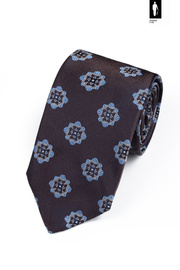 Jedwabny krawat brązowy w błękitno-biały wzór