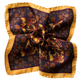 Jedwabna poszetka w kwiatowy wzór – granat, złoto i bordo, 100% jedwab z Włoch